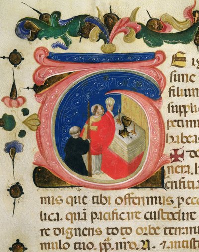 Eukaristian vietto, Pyhän Hieromuksen maallikkokilta Mariegolassa, n. 1400 (mustetta ja kultalehteä perunakalvolla) tekijältä Italian School