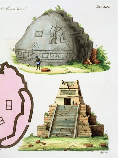 Keski-Amerikan antiikki, yksityiskohta kahdesta pyramidista, levy 47 julkaisusta The History of the Nations (akvatinta) (yksityiskohta 94494) tekijältä Italian School
