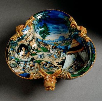 Keraaminen kuppi trefle-decoree-muodossa Hannibalin esityksestä Alppien ylityksessä, valmistettu Urbinossa Fontanan työpajassa, Italiassa. 1550 Firenzen ympärillä, Museo Nazionale del Bargello tekijältä Italian School