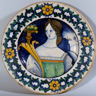 Keraaminen Deruta decoree -lautanen, jossa on naisen muotokuva. Noin 1510 Sevres. Posliinin valmistus tekijältä Italian School
