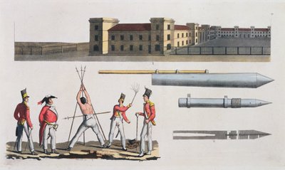 Chatham Barracks, sotilaallinen rangaistus nimeltä Triangle ja Congreve Rockets, levy 17 julkaisusta The History of the Nations (akvatinta) tekijältä Italian School