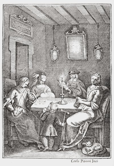 Chiaqlira lukee tarinoita ompelujuhliin, The Pentamerone of Giambattista Basile, 1742 etukansi tekijältä Italian School