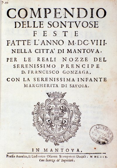 Kronikot, jotka kuvaavat Gonzagan prinssin Mantovassa järjestämiä juhlia (1608) tekijältä Italian School