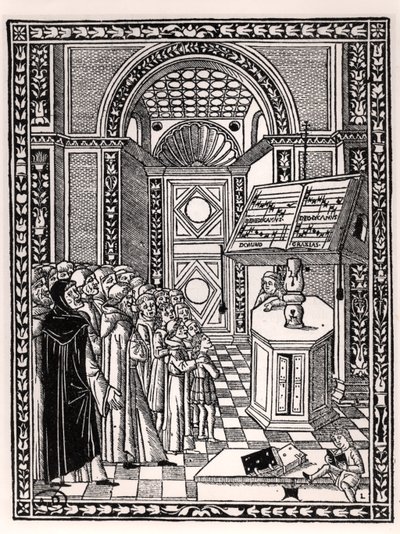 Kirkkokuoro, kuvitus Franchino Gaffurion (1451-1522) Practica Musicaesta, julkaistu Venetsiassa 1512 tekijältä Italian School