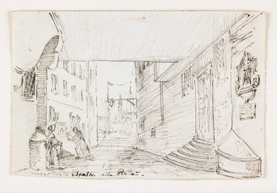 Genovan kaupunkikatu, taustalla majakka ja satama, 1800-luvun alku (kynä ja ruskea muste mustan liidun päällä) tekijältä Italian School
