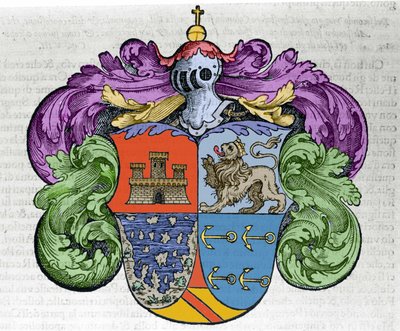 Navigaattori Christopher Columbuksen (1451-1506) vaakuna: ecun neljä osaa edustavat yläosassa Kastilian ja Leonin kaupunkia, peittämättömien saarten ja ihailijan ankkurien alla. Kaiverrus kirjasta "" Navigationi ja Viaggi"" tekijältä Italian School