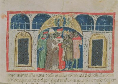 Codex Correr I 383 Paavi Aleksanteri III:n (1159-81) ja keisari Fredrik Barbarossan (noin 1123-1190) välinen rauha Pyhän Markuksen aukiolla (pergamentti). tekijältä Italian School
