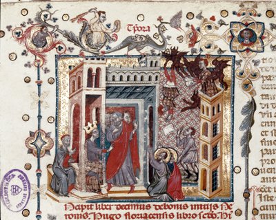 Codices Cavenses, Cod.25 f.181, Simon Magus, keisari Nero ja apostolit, miniatyyri Speculum Historialesta, osa I, Vincent de Beauvais, n. 1320 (tempera vellum) tekijältä Italian School
