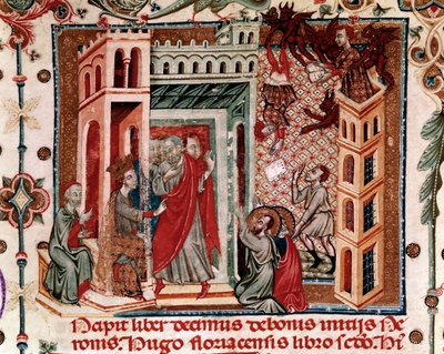 Codices Cavenses, Cod.25 f.181, Simon Magus, keisari Nero ja apostolit, miniatyyri Speculum Historialesta, osa I, Vincent de Beauvais, n. 1320 (tempera vellum) tekijältä Italian School