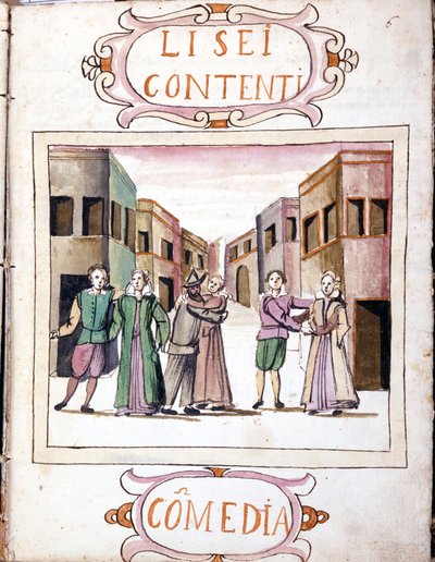 Li sei contentin komedia "Valittujen histrionien skenaariot" (1621 - 1643) käsikirjoituksen jälkeen. Rooma, Accademia dei Lincei. tekijältä Italian School