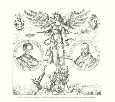 Cosimo I ja Alexander de Medici, faksimile Martin Rotan kaiverruksesta British Museum -vedoksen jälkeen (kaiverrus) tekijältä Italian School