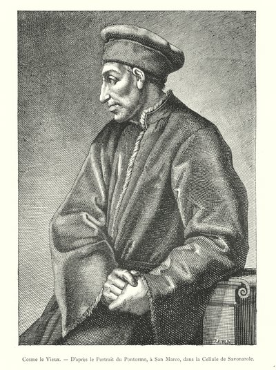 Cosimo vanhin, Pontormon muotokuvan jälkeen, San Marcossa, Savonarolan sellissä (kaiverrus) tekijältä Italian School