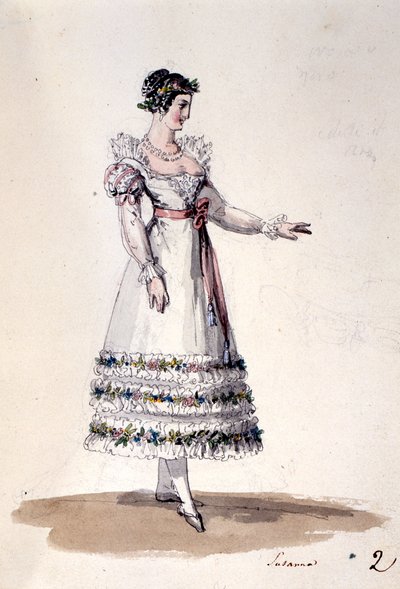 Susannan pukusuunnittelu Wolfgang Amadeus Mozartin "Figaron häistä", n. 1880 (värilitho) tekijältä Italian School