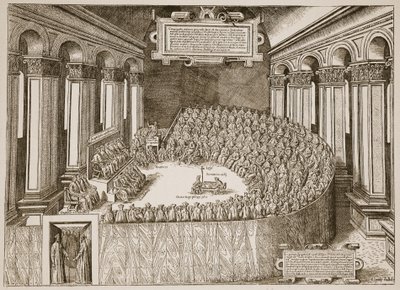 Trentin kirkolliskokous, 1563, Venetsiassa vuonna 1565 julkaistusta etsauksesta, kuvitus Englannin kirkosta: Kansan historia, H.D.M. Spence-Jones, pubi. n. 1910 (seepiavalokuva) tekijältä Italian School