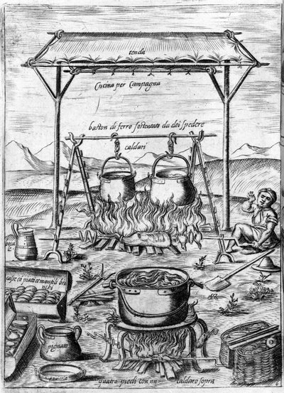 Maalaiskeittiö: padat ja kattilat laitetaan tuleen. Kaiverrus ”Ooppera”, gastronomiaa käsittelevä kirja, joka on jaettu 6 osaan, Bartolomeo Scappi, paavi Pius V. Venetsian henkilökohtainen kokki tekijältä Italian School