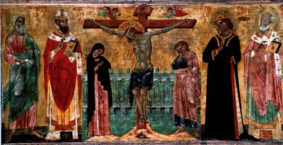 Ristiinnaulitseminen ja pyhät Veneton Bysantin koulukunnan anonyymin taiteilijan puumaalaus. Himmeä. 61x113 cm Venetsia, Museo Correr, n. 381 tekijältä Italian School