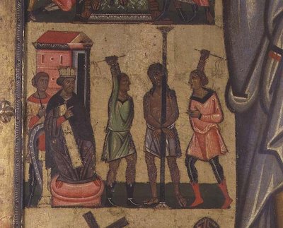 Ristiinnaulitseminen ja tarinoita kärsimyksestä: yksityiskohta Kristuksen liputusta, Luccan koulua (tempera paneelissa) tekijältä Italian School