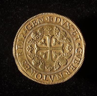 Geenien tasavallan valuutta: 12,5 kultainen kaksoiskolikko. Halkaisija 61 mm. 1656. edessä. Strada Nuovan geenimuseot (inv. 6456) tekijältä Italian School