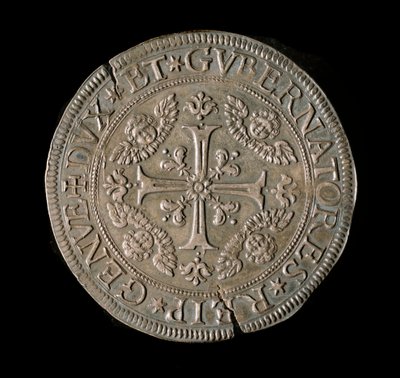 Geenitasavallan valuutta: ecun levyinen hopea. Halk. 61 mm. 1693. edessä. Genes Musei di Strada Nuova (inv, M7135) tekijältä Italian School
