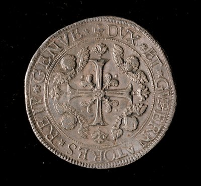 Geenien tasavallan valuutta: viiden ecun hopeakolikko. Halk. 61 mm. 1693. Edessä. Genes Musei di Strada Nuova tekijältä Italian School