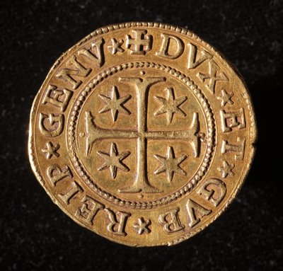Geenien tasavallan valuutta: viisi kultaista kaksoiskolikkoa. Halkaisija 41 mm. 1642. Edessä. Strada Nuovan geenimuseot tekijältä Italian School