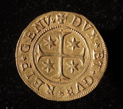 Geenien tasavallan valuutta: viisi kultaista kaksoiskolikkoa. Halkaisija 41 mm. 1652. Edessä. Strada Nuovan geenimuseot tekijältä Italian School