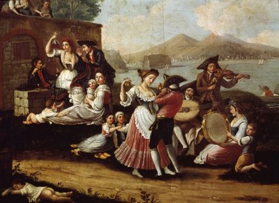 Tanssiskene ja suosittu juhla Napolissa Dancers of Tarantella (tarantella, tarantella). Anonyymi maalaus. 1700-luvun Napoli, San Martinon kansallismuseo tekijältä Italian School
