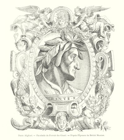 Dante Alighieri, Faksimile Giuntin muotokuvasta, British Museum -todiste (kaiverrus) tekijältä Italian School