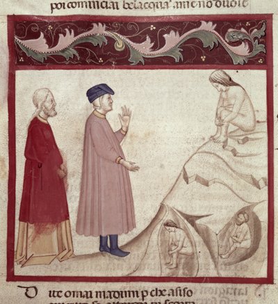Dante ja Vergilius (70-19 eKr.) tapaavat kallioihin vangitut sielut Dante Alighierin (1265-1321) jumalallisesta komediasta. tekijältä Italian School