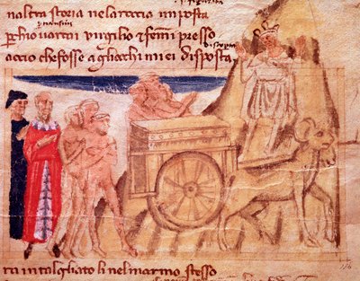 Dante ja Vergilius sekä vaunut ja härät, jotka vetivät arkkia (laulu X Kiirastulesta jumalallisessa näytelmässä) - miniatyyri tekijältä Italian School