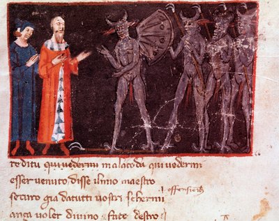 Dante ja Virgil puhuvat Malacodan, Malebranche-lentueen johtajan kanssa (laulu 21 helvetistä jumalallisessa komediassa) - miniatyyri tekijältä Italian School