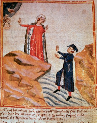 Dante tapaa Matheldan Lethen rannalla (laulu 28 Purgatorysta jumalallisessa näytelmässä) - Minature tekijältä Italian School