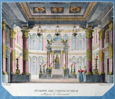Sisustus Christoph Gluckin (1714-1787) La Semiramide -oopperaan (Ch. Gluckin La Semiramide -oopperan lavastus). Litografia väreillä, anonyymi, noin 1790. Italialaista taidetta, teatterisisustus. Valtion teatteri- ja musiikkitaiteen museo, Pietari. tekijältä Italian School