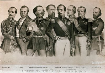 Kenraali Manfredo Fanti (1806-1855), Camillo Benso, Cavourin kreivi (1810-1861), Sardinian kuningas Vittorio Emanuele II (Victor Emmanuel) (Victor Emmanuel), kenraali Henry Cialdini (1811-1892), E. tekijältä Italian School