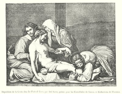 La Pieta di Luco -nimisenä tunnettu ristin laskeuma, Del Sarte, maalattu Luccon kamaldolille, Firenzen kokoelmat (kaiverrus) tekijältä Italian School