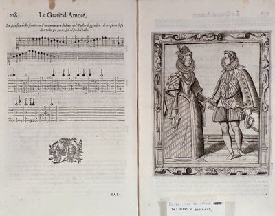 Kuvaus baletista kahdelle Italialaisen tanssijan Cesare Negrin Le Gratie dAmore (Le Grazie dAmore) kaksoissivu nimeltä Il Trombone (1536-1604), tanssisopimus tekijältä Italian School