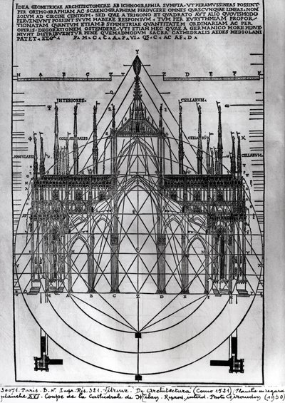 Suunnittelu Milanon katedraalille, kuvitus De Architecturasta, Vitruvius, Como, 1521 tekijältä Italian School