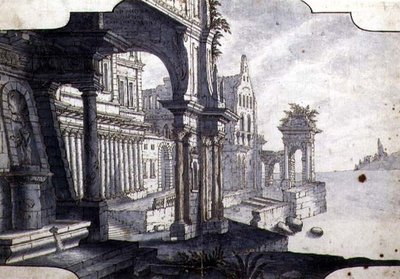 Suunnittelu näyttämösarjalle, n. 1750 (kynä ja muste ja akvarelli paperille) tekijältä Italian School