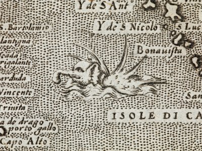 Yksityiskohta merinorsusta, jonka selästä ulkonee vaikuttava joukko piikkejä, "Maailman kuuluisimmilta saarilta, joita kuvaili Thomaso Porcacchi da Castiglione, Arretino ja veisi Girolamo Porro, Padova". tekijältä Italian School