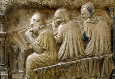 Yksityiskohta Bonifacio Galluzzin kurssin opiskelijoista (hautalaatta, noin 1346) tekijältä Italian School