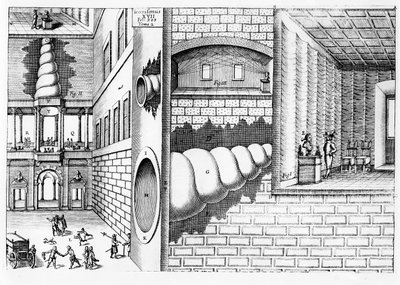 Laite keskustelun kuunteluun piazzalla, Athanasius Kircherin (1601-80) kuvitus Musurgia Universalisista, julkaistu Roomassa, 1650 tekijältä Italian School