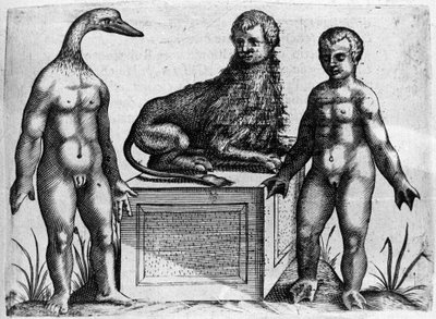 Erilaisia ihmishirviöitä: miehellä ankan pää, miehellä leijonan ruumis ja toisella kämmenkädet. Italian tiedemiehen Fortunio Licetin (1577-1656) kaiverrus "De monstrorum natura, causis et differentiis". 1646 tekijältä Italian School