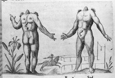 Erilaisia ​​ihmishirviöitä: mies ilman päätä. Italian tiedemiehen Fortunio Licetin (1577-1656) kaiverrus "Hirviöiden luonne, syyt ja erot". 1646 tekijältä Italian School