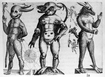Erityyppisiä ihmishirviöitä, joissa on puoliksi ihmis-, puoliksi eläinkehoja. Italian tiedemiehen Fortunio Whilein (1577-1656) kaiverrus "Hirviöiden luonne, niiden syyt ja erot". 1646 tekijältä Italian School
