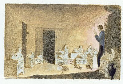Etruskien hautojen löytäminen. kuvitus Francesco Inghiramin (1772-1846) Monumenti Etruschista, julkaistu Fiesolessa, 1825 (värikaiverrus) tekijältä Italian School