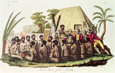 Kapteeni Cookille (1728-79) Sandwichsaarilla tehdyt jumalalliset uhrit (värillinen kaiverrus) tekijältä Italian School