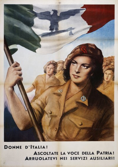 Italian naiset kuunnelkaa isänmaan ääntä! Liittykää apupalveluihin! (Women of Italy listen to voice of fatherland! Enlist in auxiliary services!), propagandajuliste, Italia, 1900-luku. tekijältä Italian School