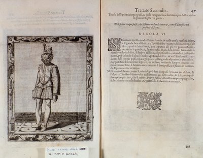 Italialaisen tanssijan Cesare Negrin Le Gratie dAmore (Le Grazie dAmore) kaksoissivu nimeltä Il Trombone (1536-1604), tanssisopimus tekijältä Italian School