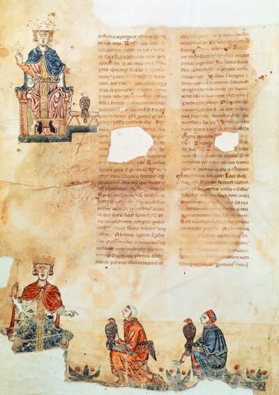 Hohenstaufendin keisari Frederick II, kuvitus teoksesta "De Arte Venandi cum Avibus" (vellum) tekijältä Italian School