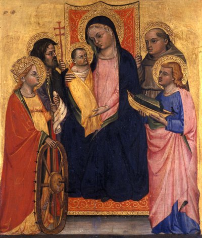 Valtaistuimella Madonna ja lapsi neljän pyhän kanssa, n. 1400 (tempera poppelipuulla) tekijältä Italian School